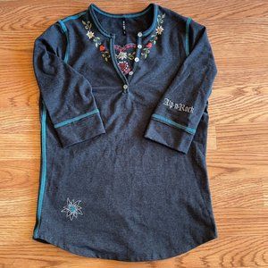 Ladies ALP N ROCK Blue Embroidered 3/4 Sleeve Henley Top Sz. 3 (S/M)